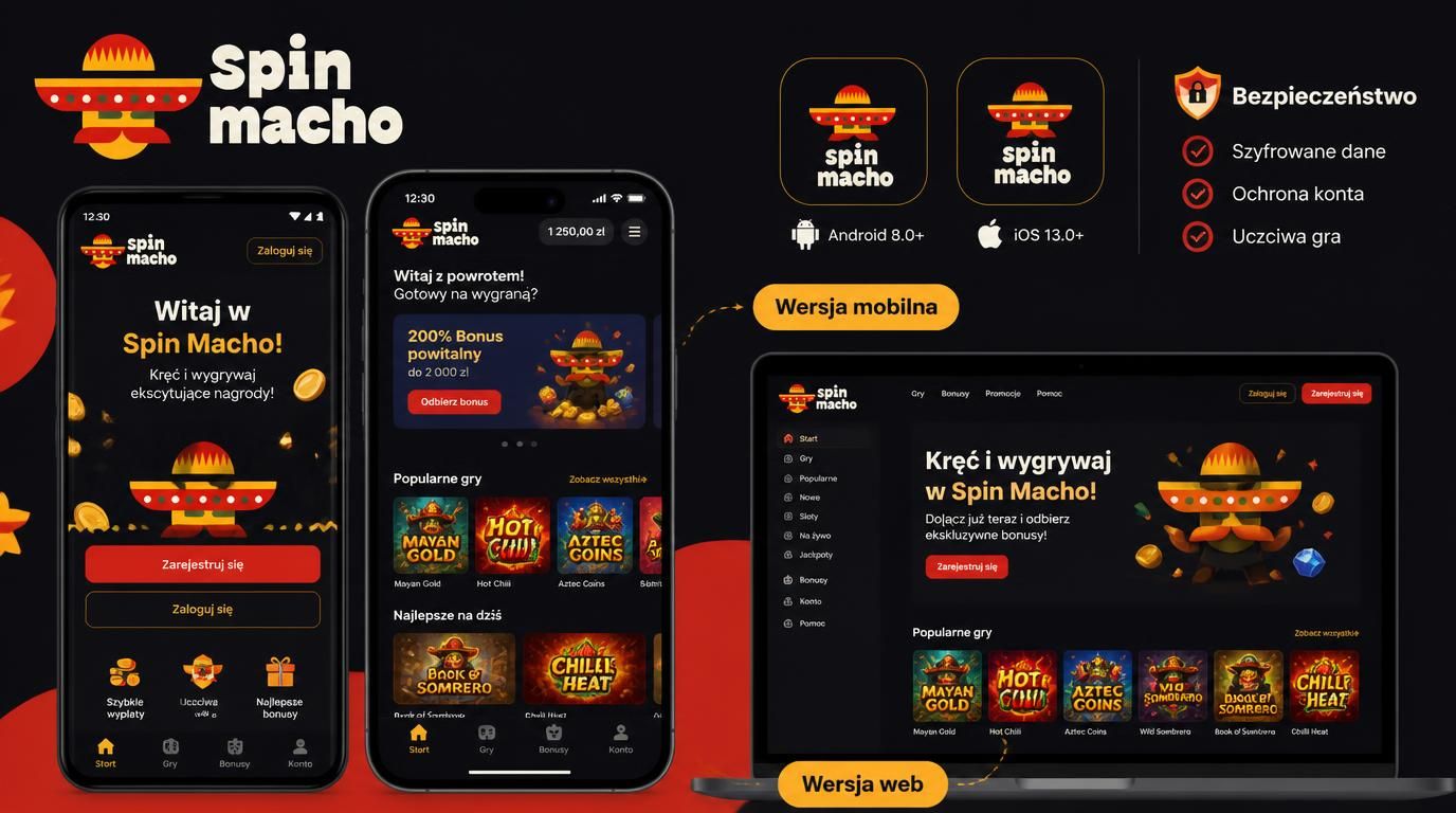 Widok aplikacji mobilnej Spinmacho na urządzeniach iOS i Android z elementami ui i tekstem o wymaganiach