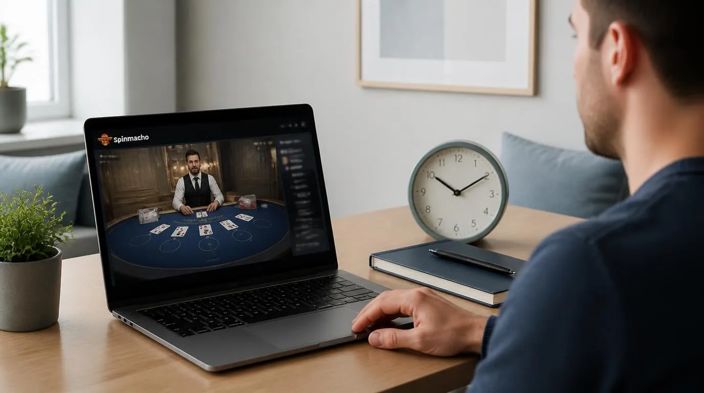 Laptop z grą z krupierem na żywo obok zegara i zamkniętego notesu na uporządkowanym biurku