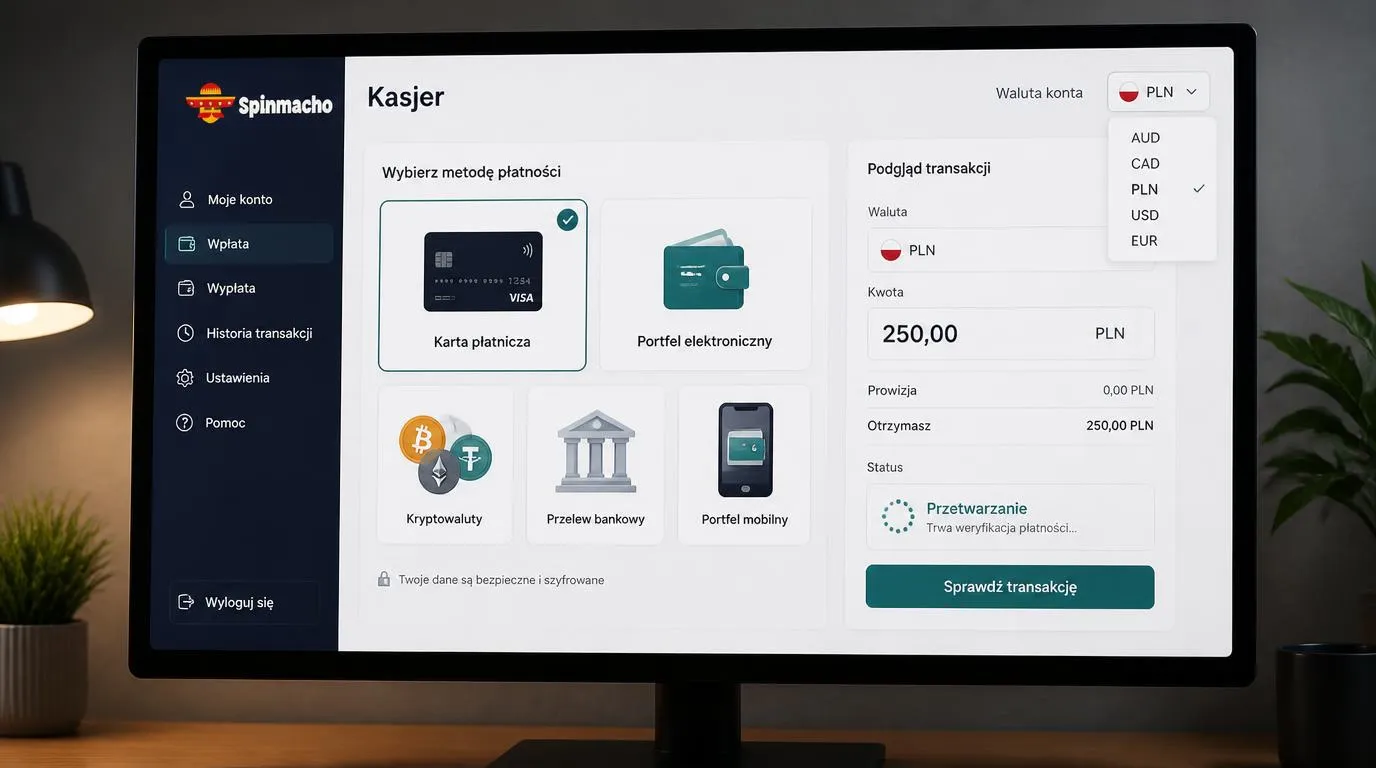 Panel kasy z wyborem kart, portfeli i kryptowalut oraz podglądem kwoty transakcji w PLN